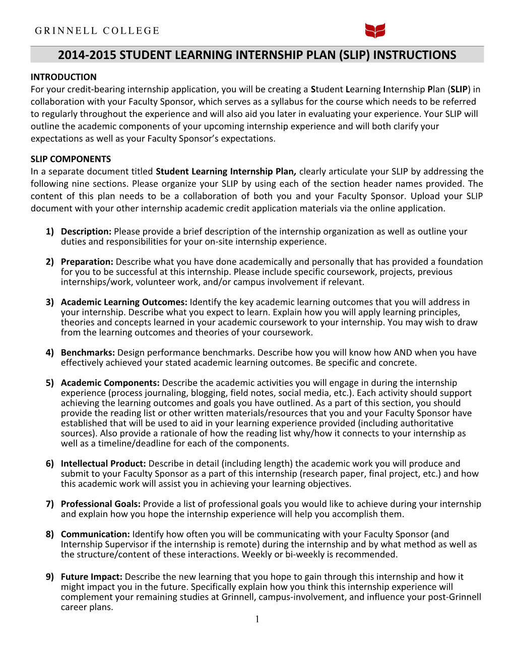 2014-2015Student Learning Internship Plan (Slip) Instructions