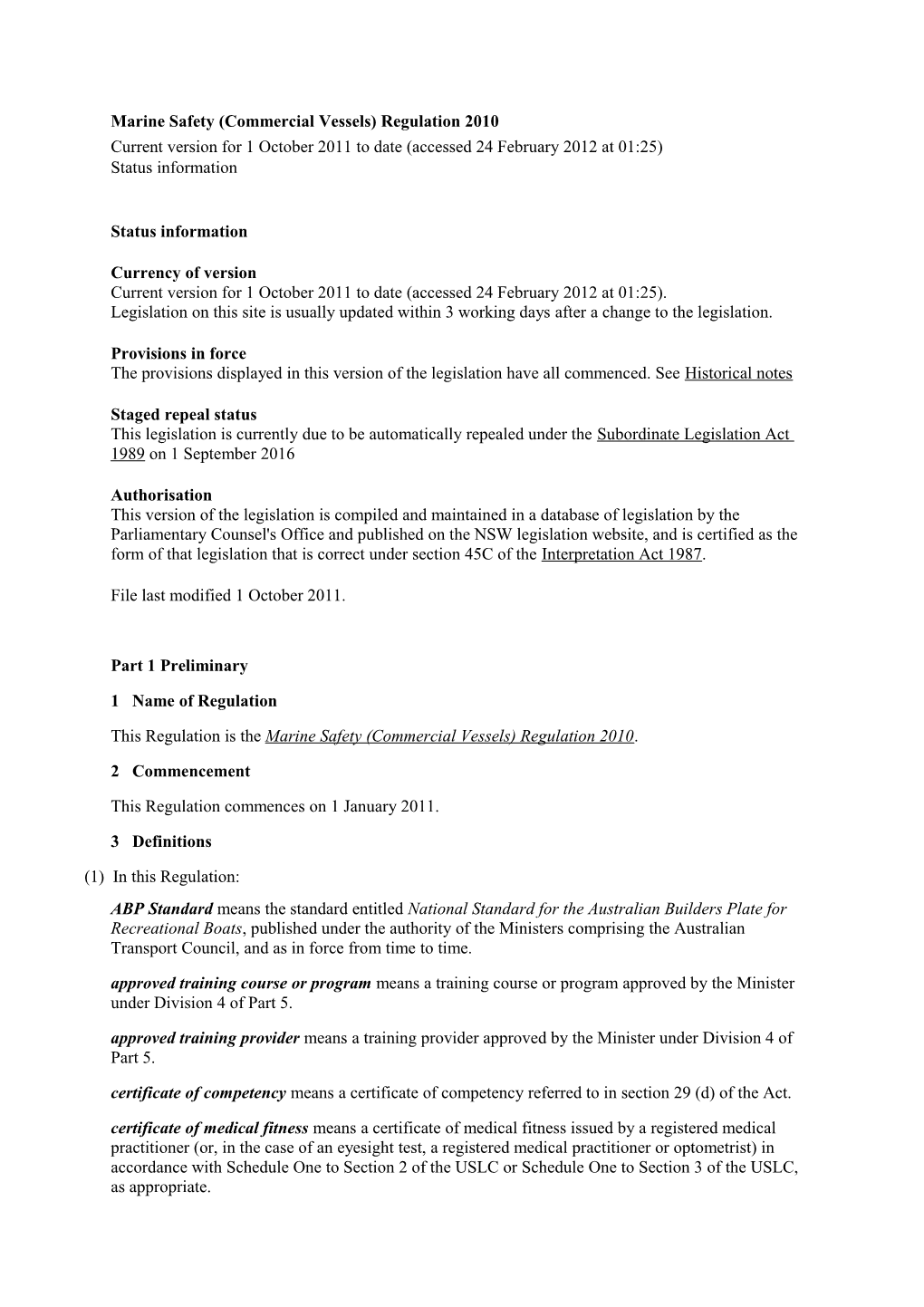 Marine Safety (Commercial Vessels) Regulation 2010