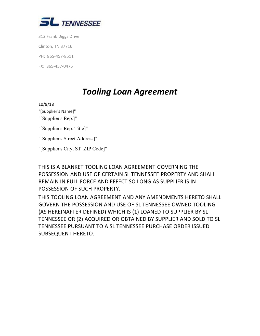 Tooling Loan Agreement