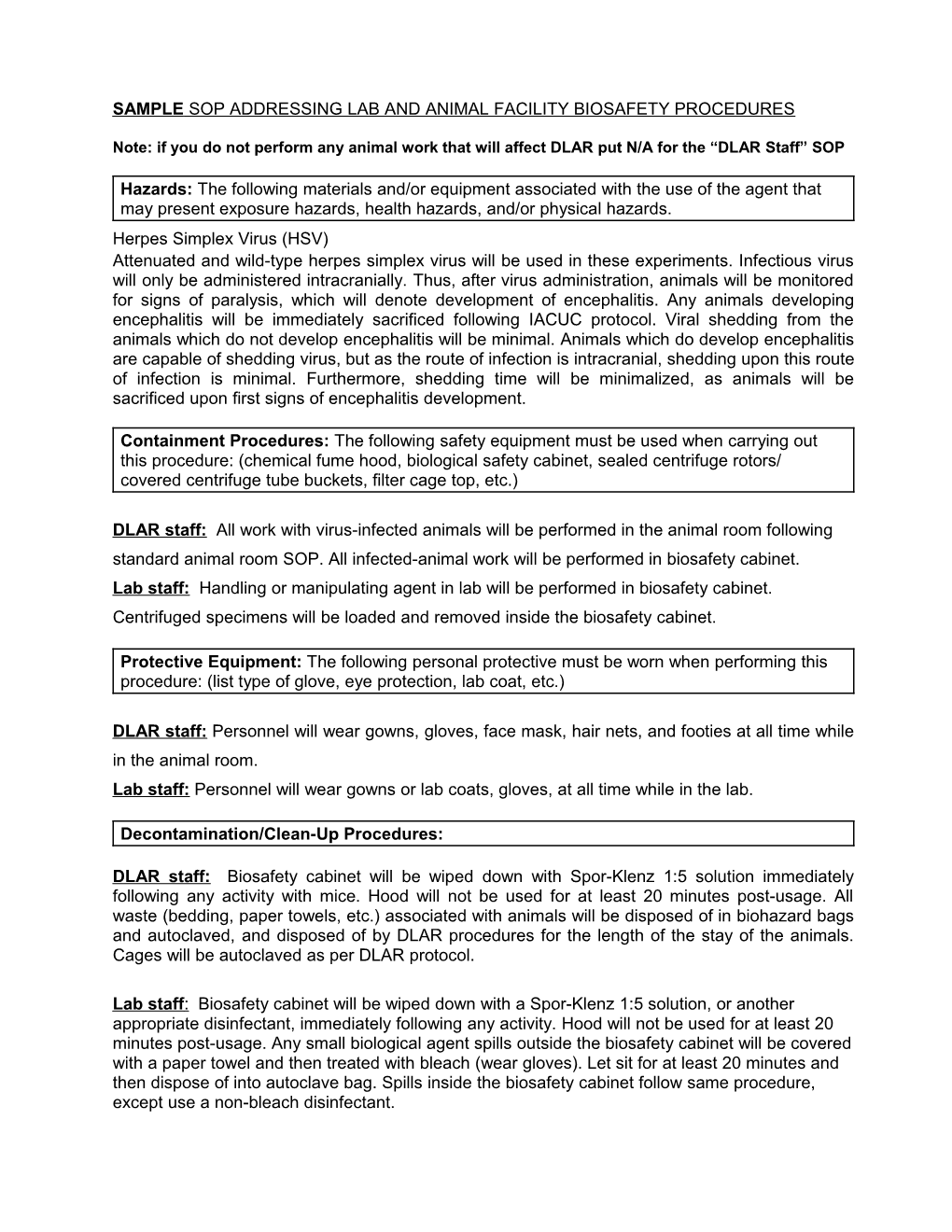 Sample Sop Addressing Lab and Animal Facility Biosafety Procedures