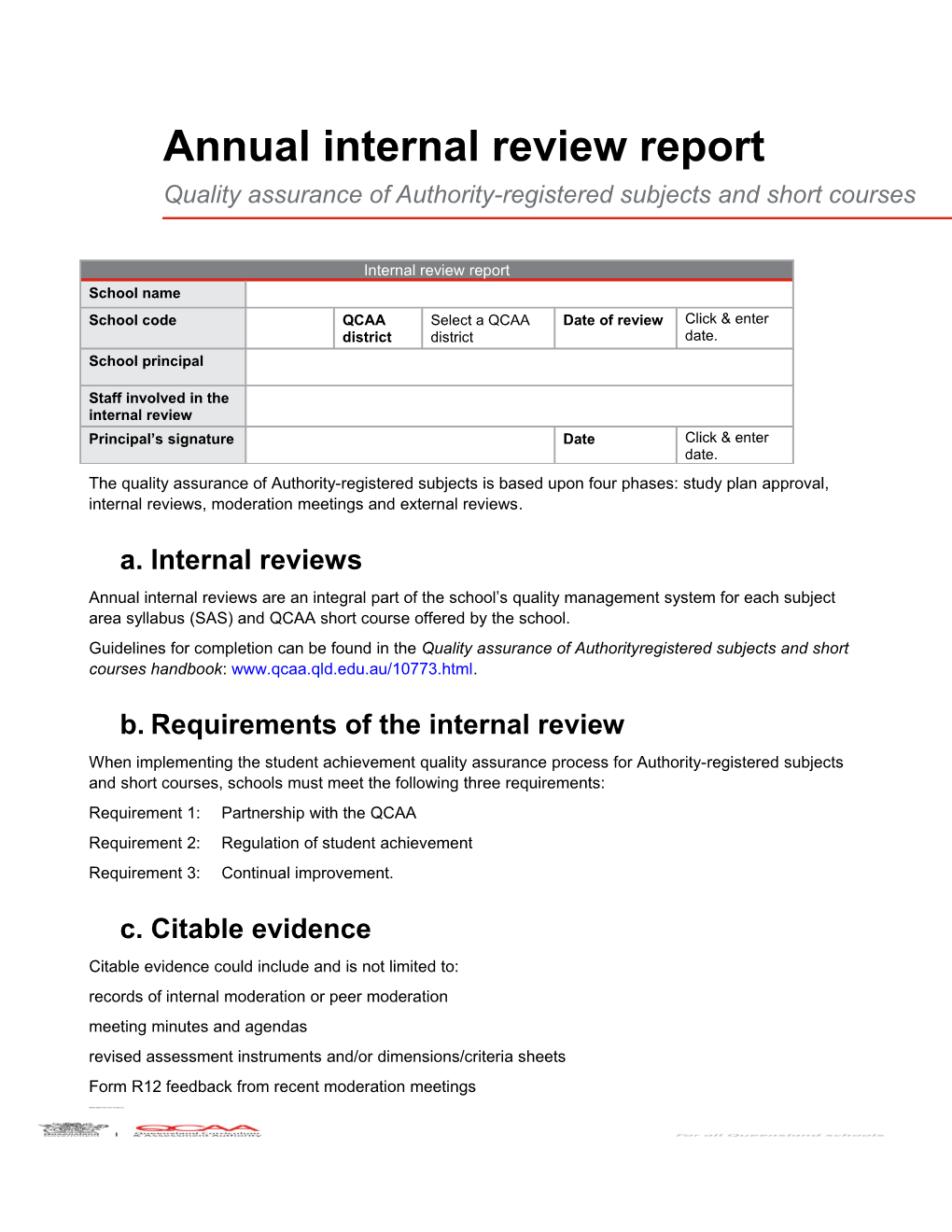Annual Internal Review Report: Quality Assurance of Authority-Registered Subjects and Short