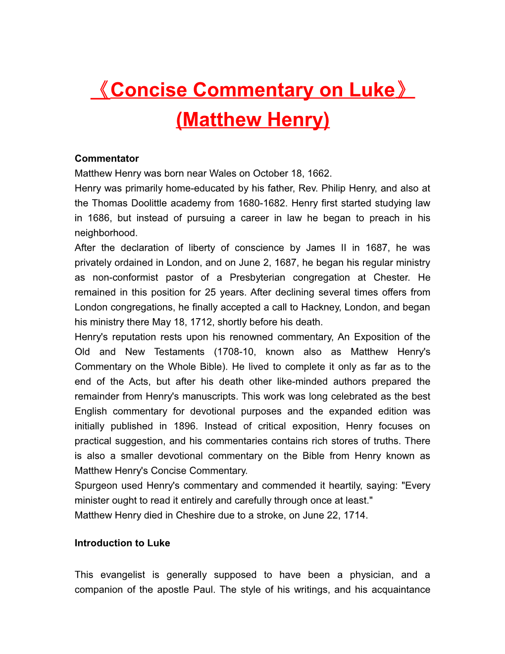 Concise Commentary on Luke (Matthew Henry)