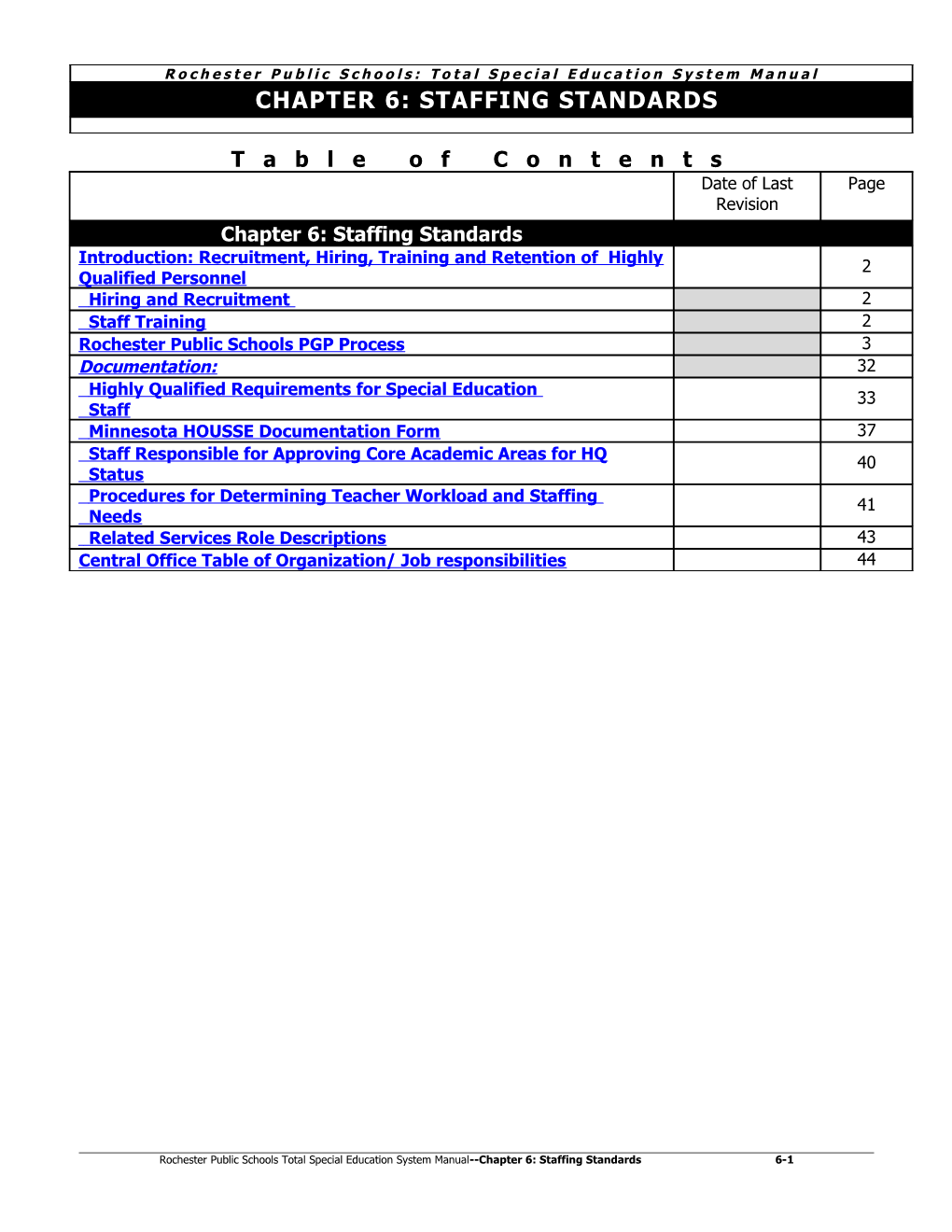 Chapter 6: Staffing Standards