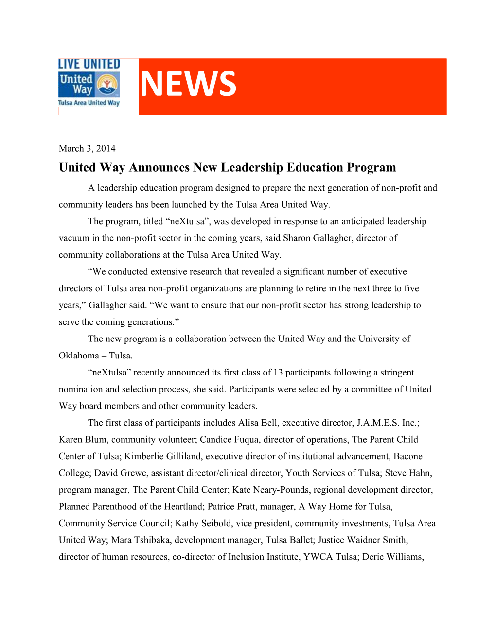 United Way Announces New Leadership Education Program