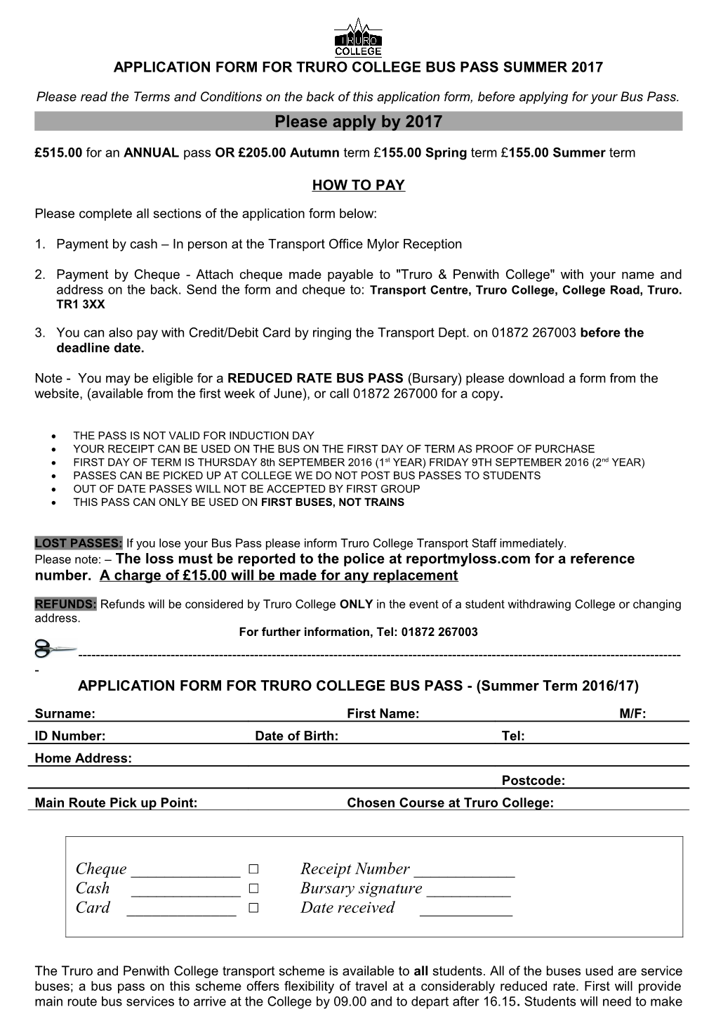 Application Form for Truro College Bus Pass Summer 2017