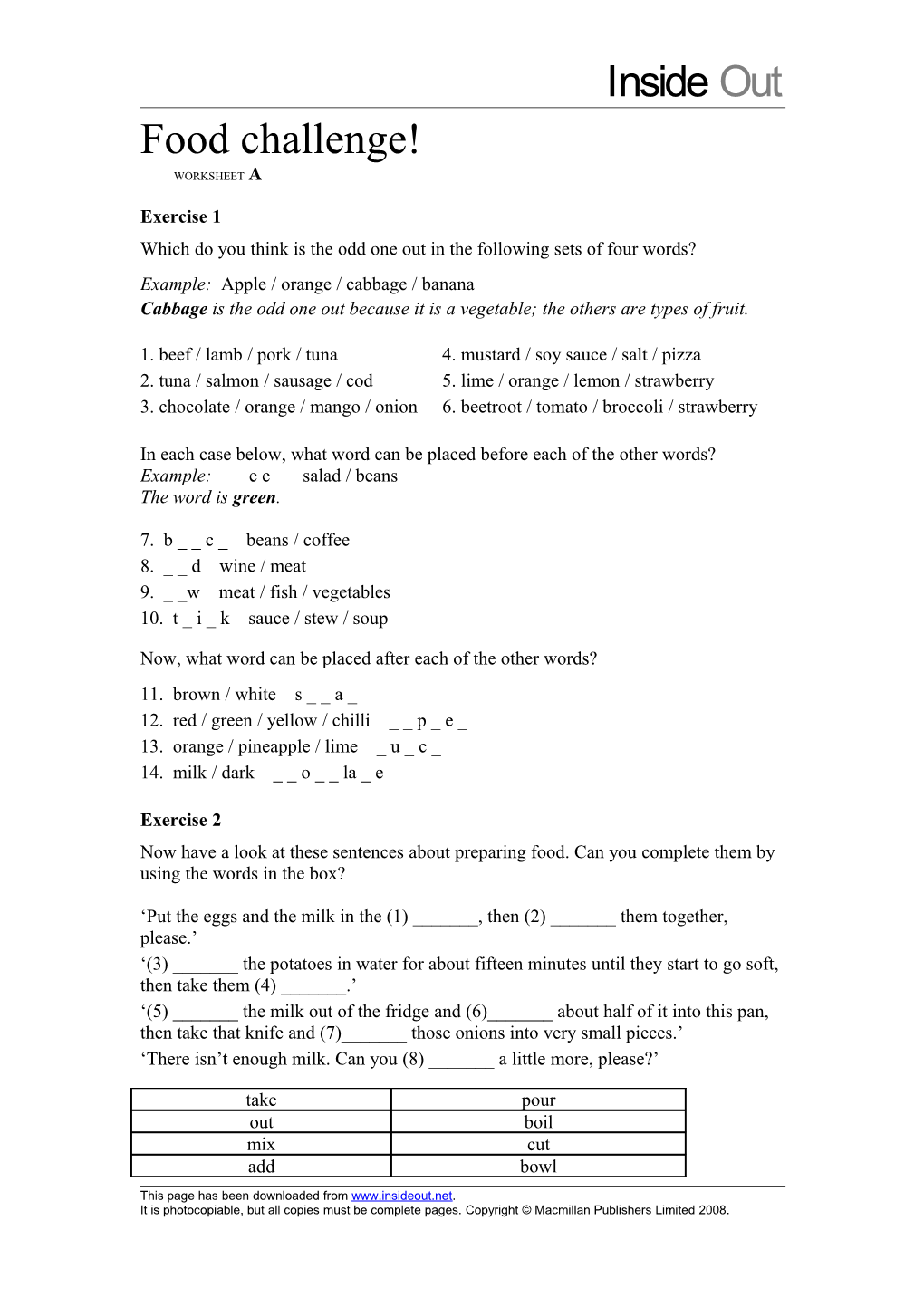 National Dishes WORKSHEET A