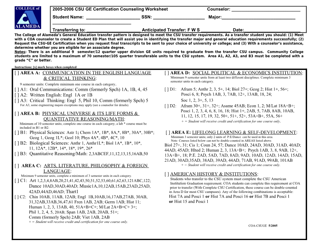 1997-98 CSU GE Certification Counseling Worksheet Counselor:______