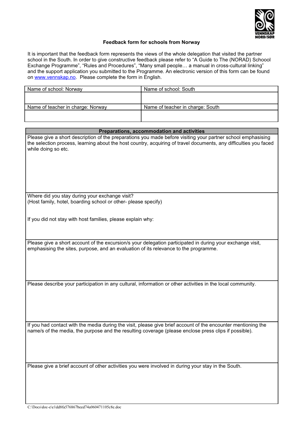 Feedback Form for Schools from Norway