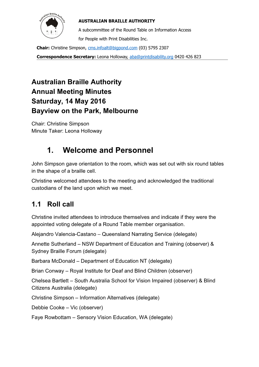 Australian Braille Authorityannual Meeting Minutessaturday, 14May2016bayview on the Park