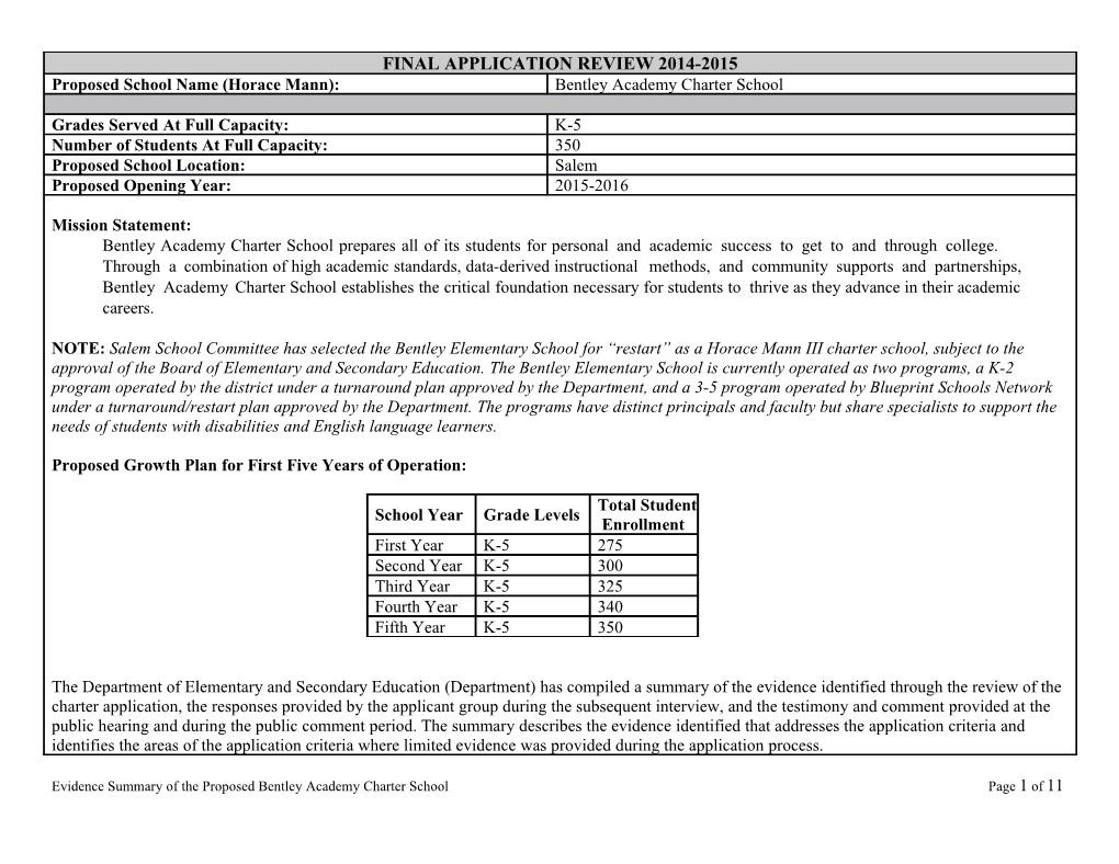 Evidence Summary of the Proposed Bentley Academy Charter School 2015