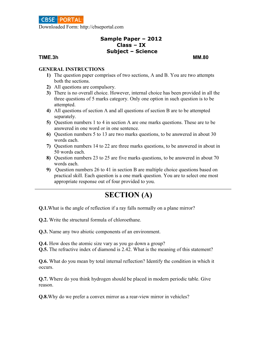 Sample Paper 2012 Class IX Subject Science