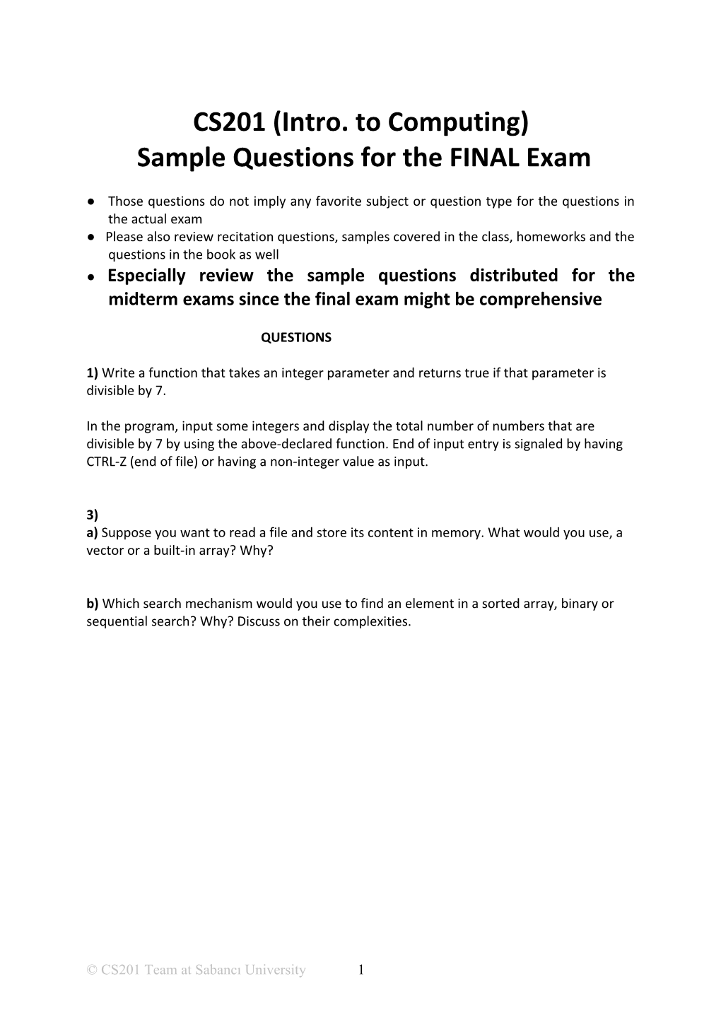 Sample Questions for the FINAL Exam