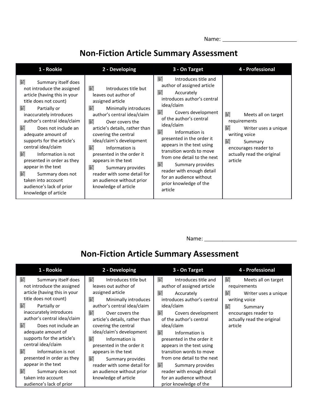 Student Check List Non-Fiction Article Summary