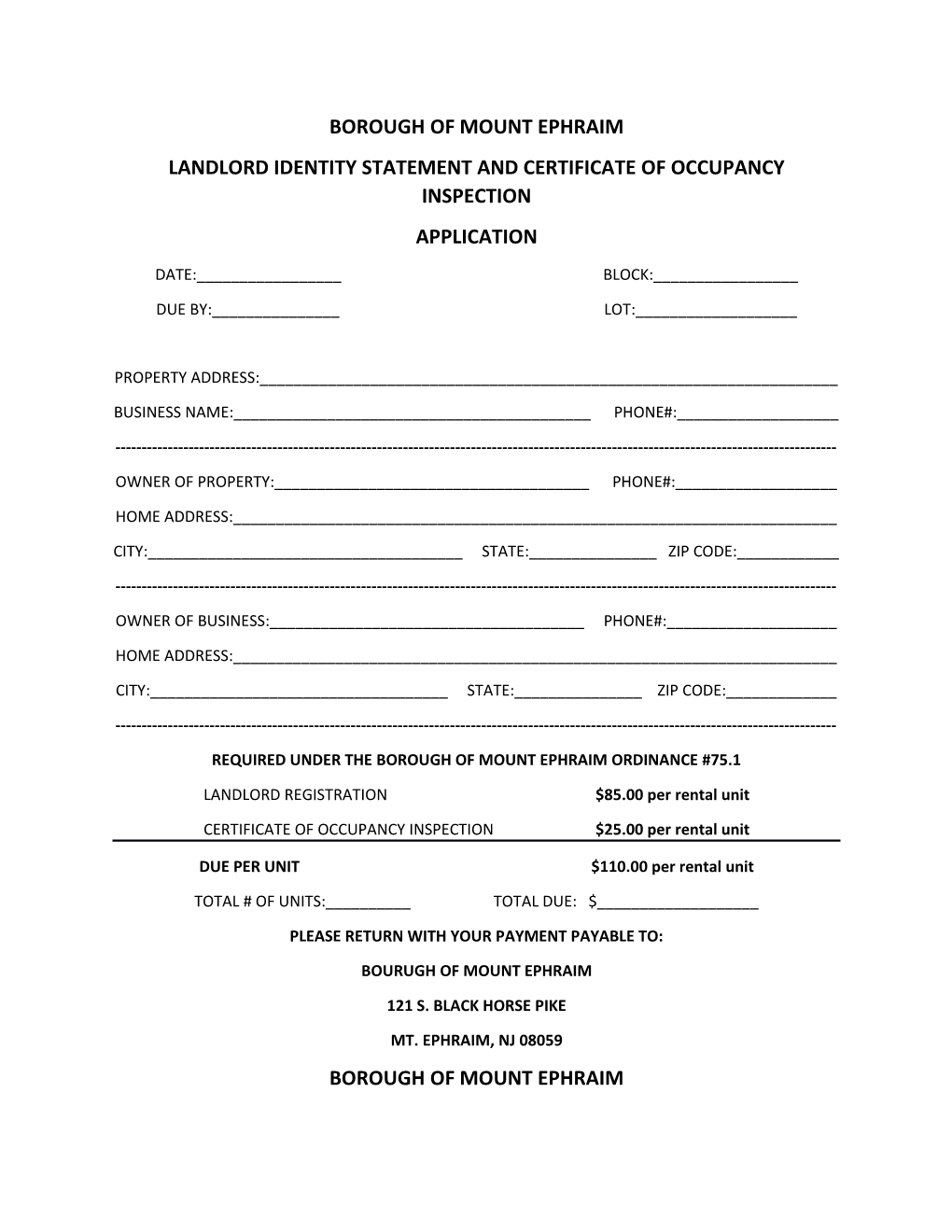 Landlord Identity Statement and Certificate of Occupancy Inspection