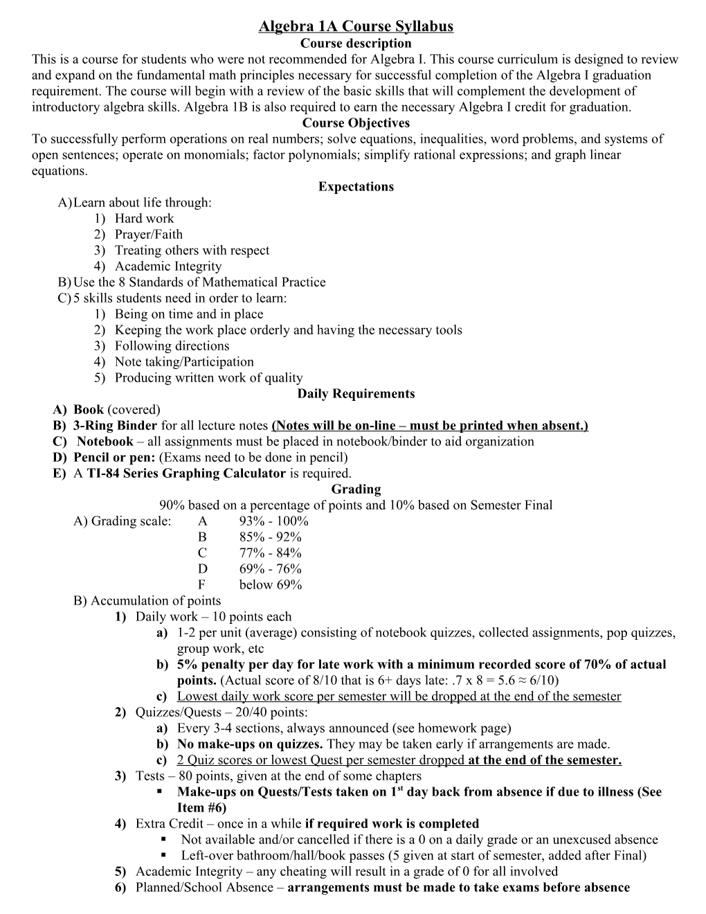 Algebra 1Acourse Syllabus