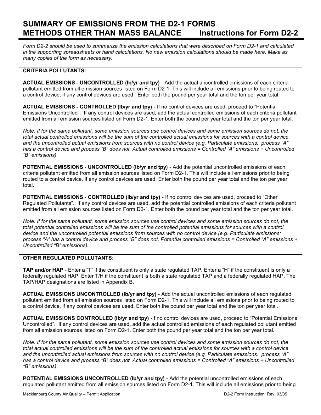 Summary of Emissions from the D2-1 Forms