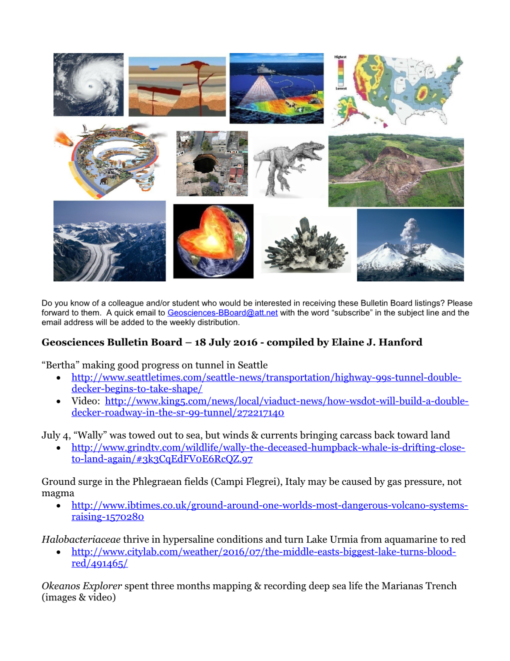 Geosciences Bulletin Board 18July 2016- Compiled by Elaine J. Hanford