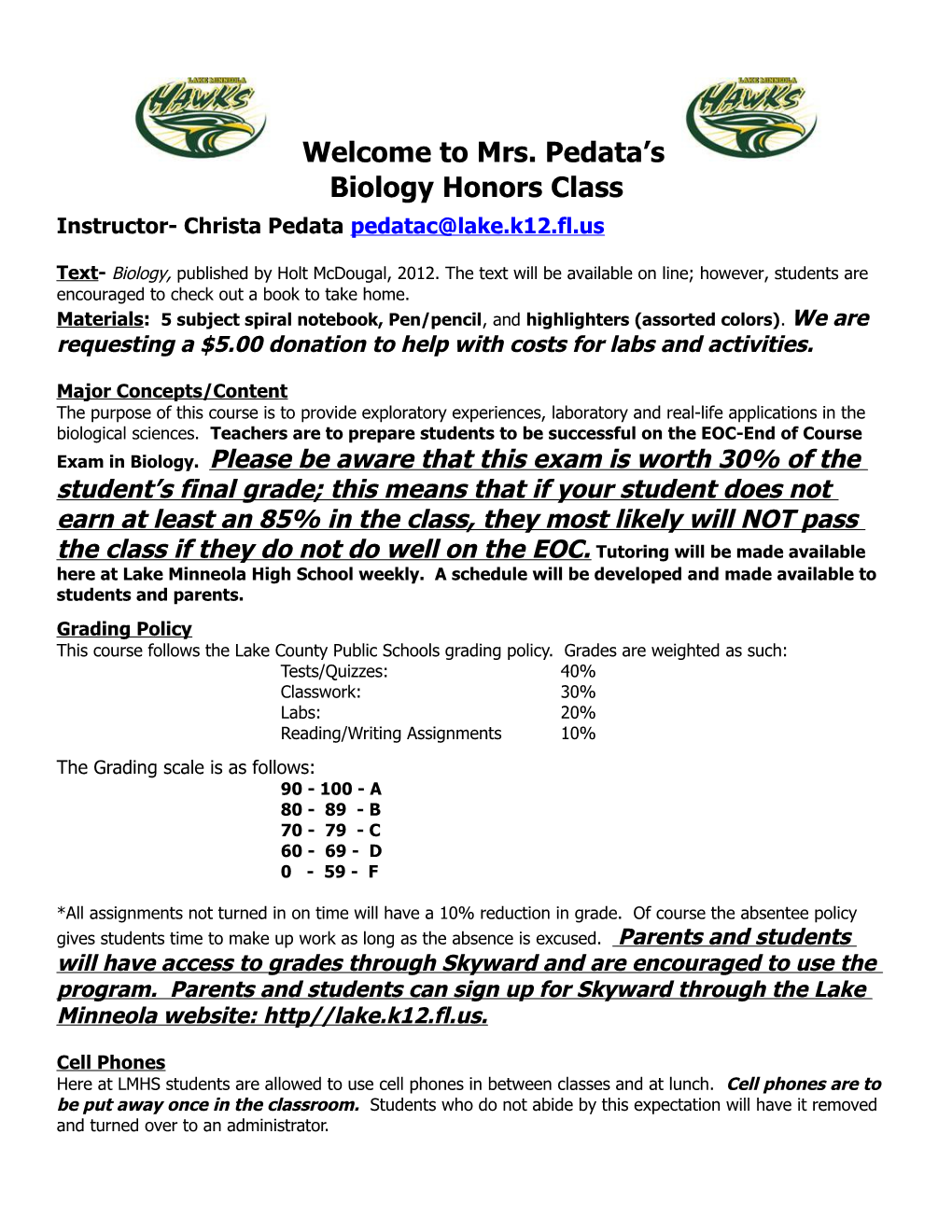 Course: Biology I / Biology I Honors