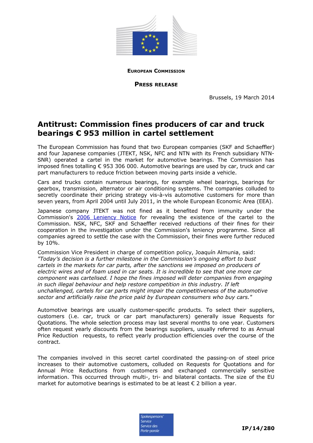 Antitrust: Commission Fines Producers of Car and Truck Bearings 953Million in Cartel Settlement