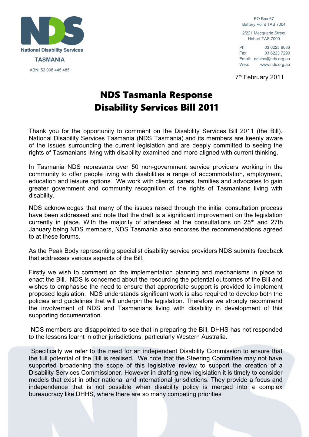 NDS Tasmania Response