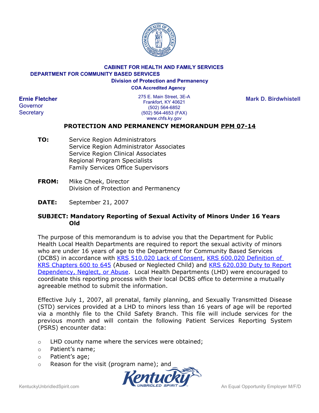 PPM 07-14 Mandatory Reporting of Sexual Activity of Minors Under 16 Years Old