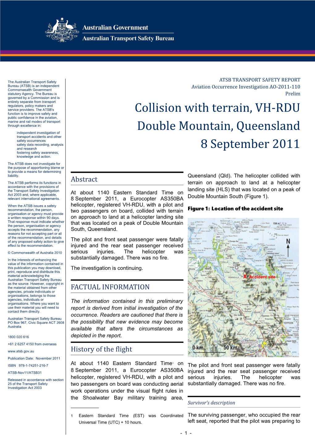 Collision with Terrain, VH-RDU Double Mountain, Queensland 8 September 2011