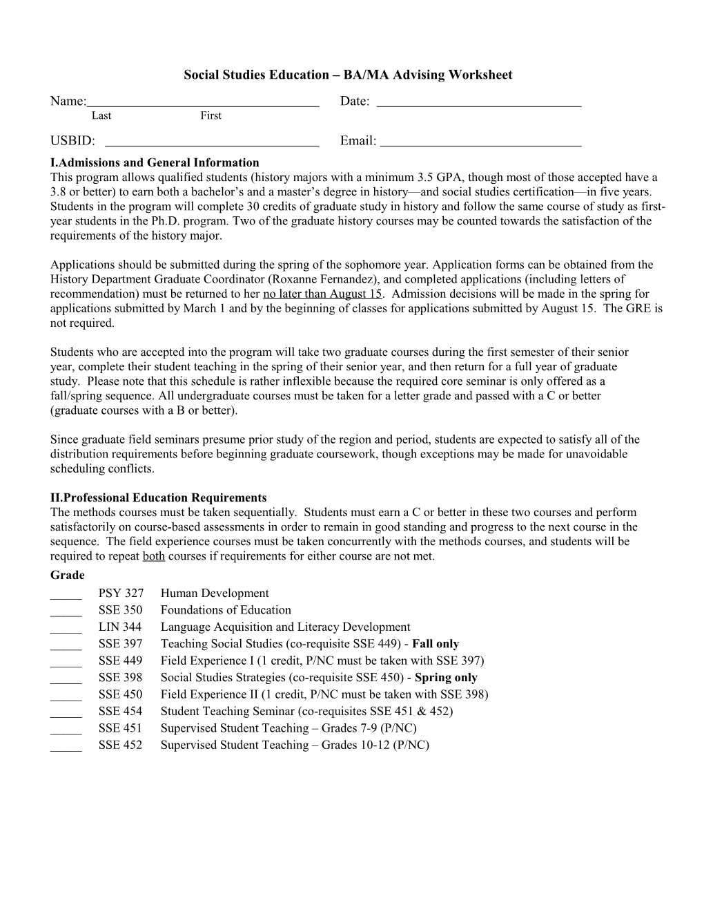 Social Studies Education BA/MA Advising Worksheet