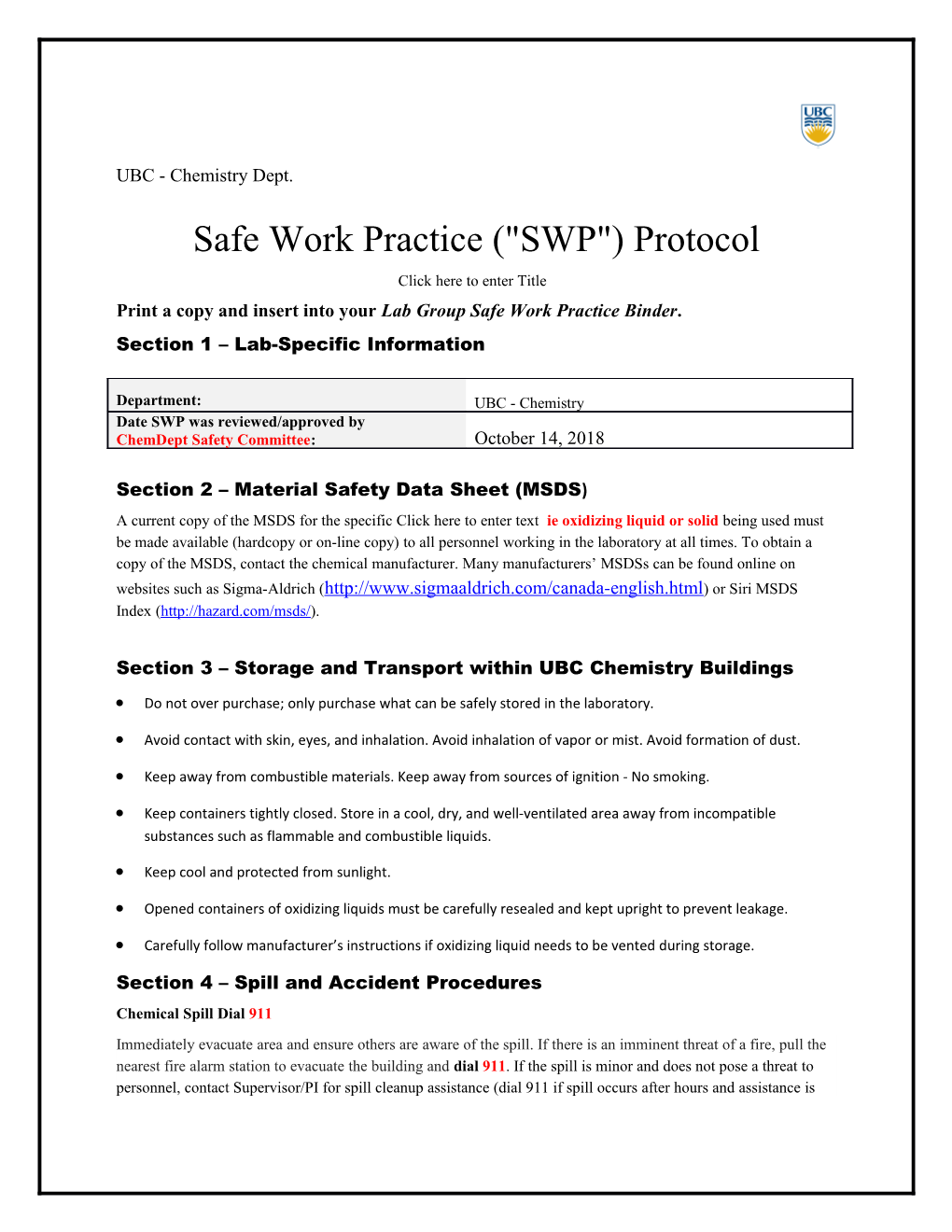 Safe Work Practice ( SWP ) Protocol