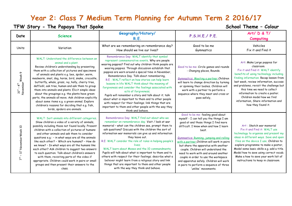 Year 2: Class 7 Medium Term Planning for Autumn Term 2 2016/17