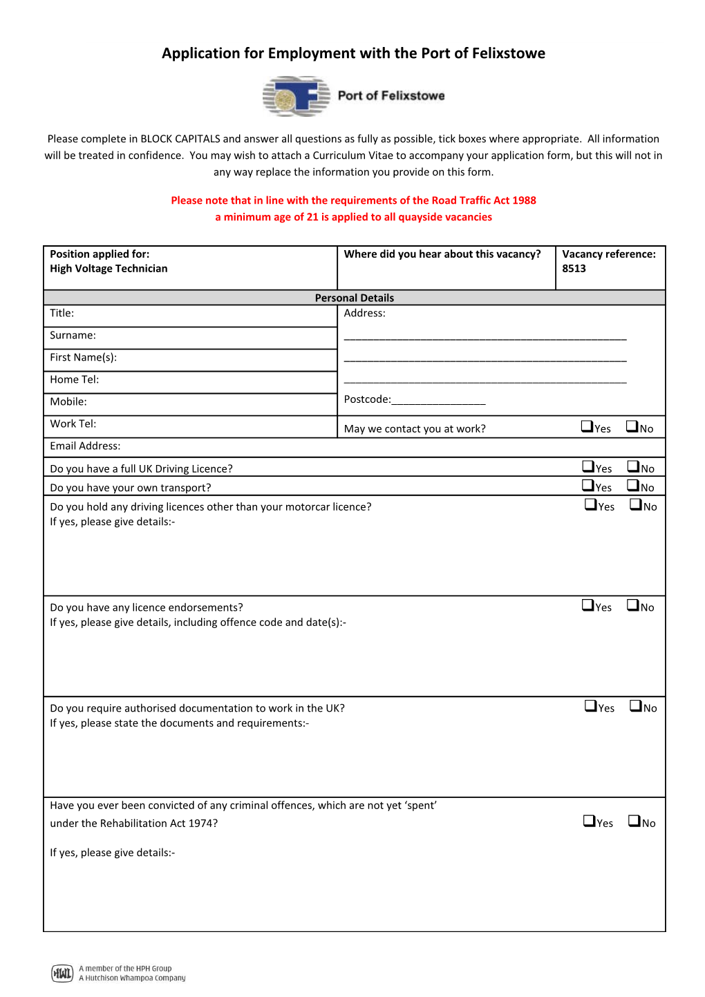 Application for Employment with the Port of Felixstowe