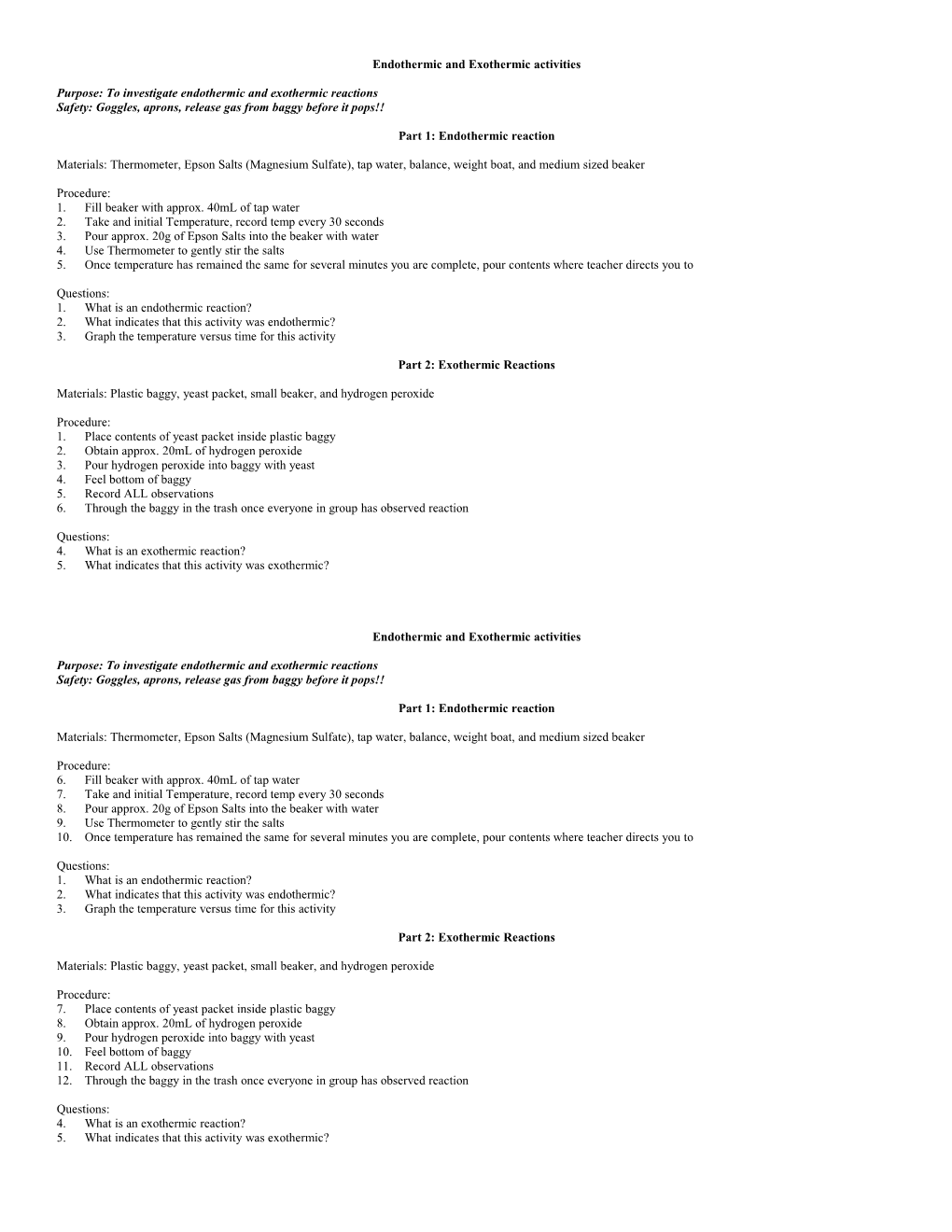 Endothermic and Exothermic Activities