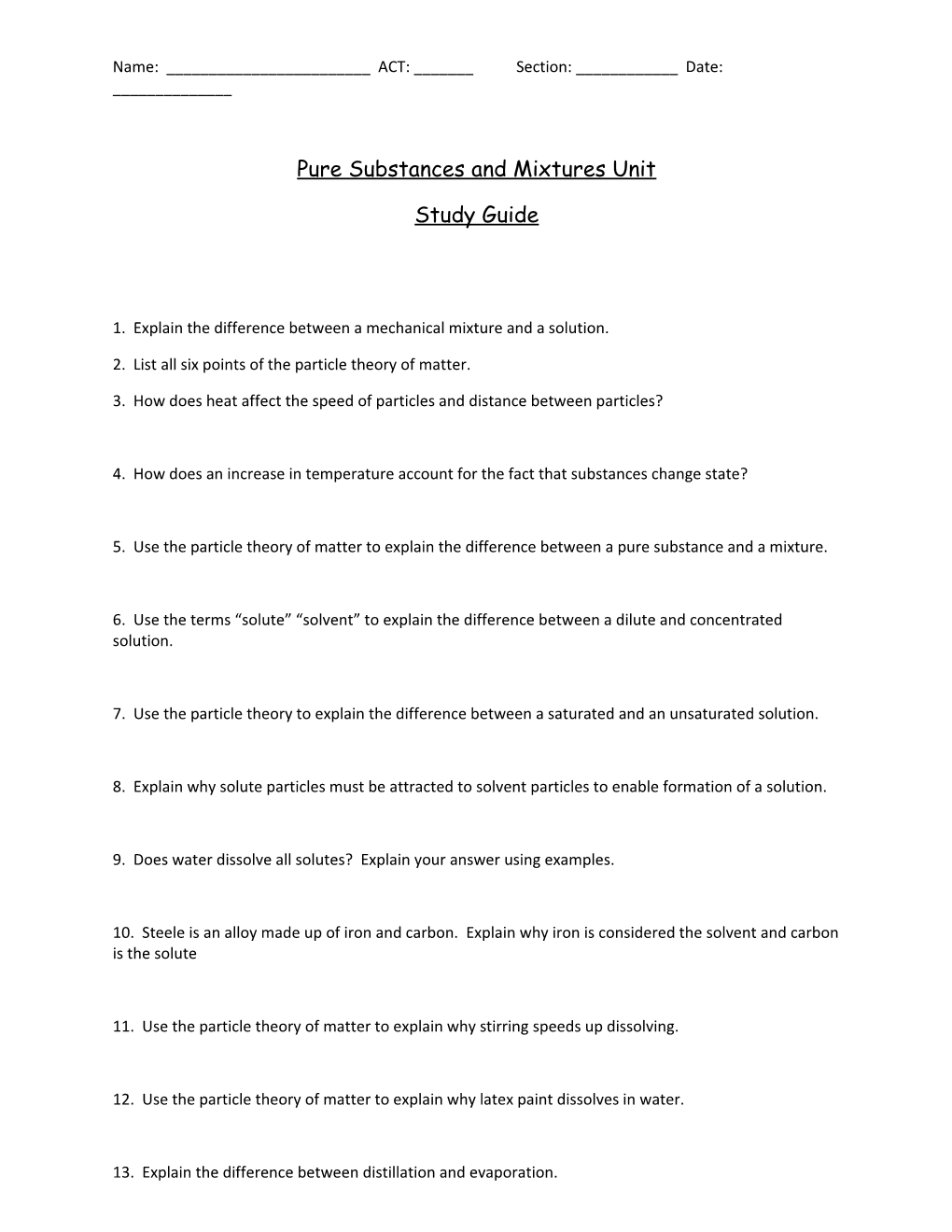 Pure Substances and Mixtures Unit