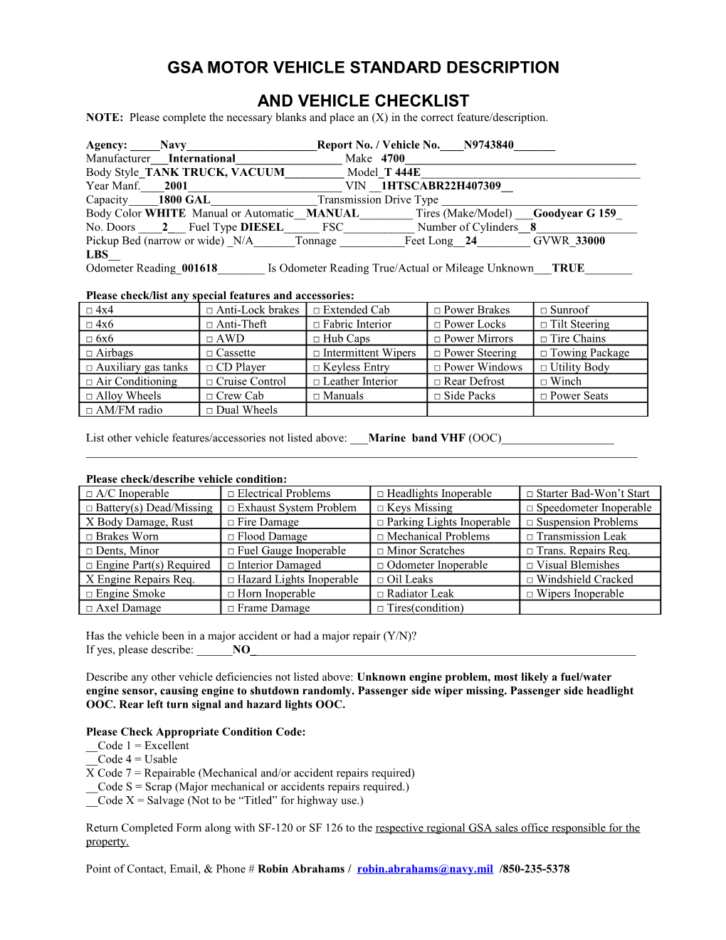 Motor Vehicle Description Checklist