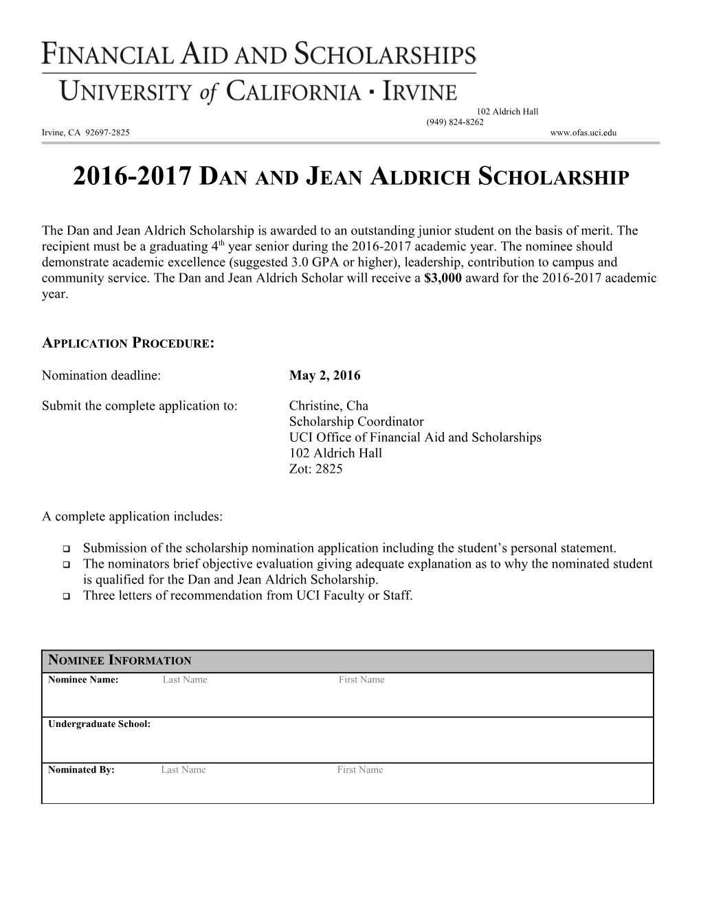 2016-2017 Dan and Jean Aldrich Scholarship