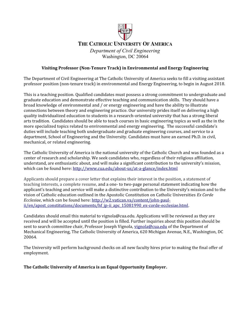 Visiting Professor (Non-Tenure Track) in Environmental and Energy Engineering