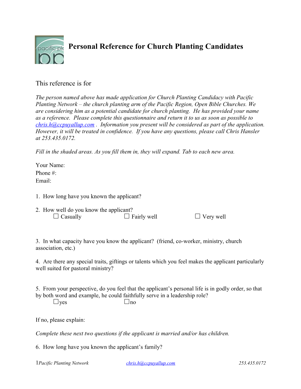 Personal Reference for Church Planting Candidates