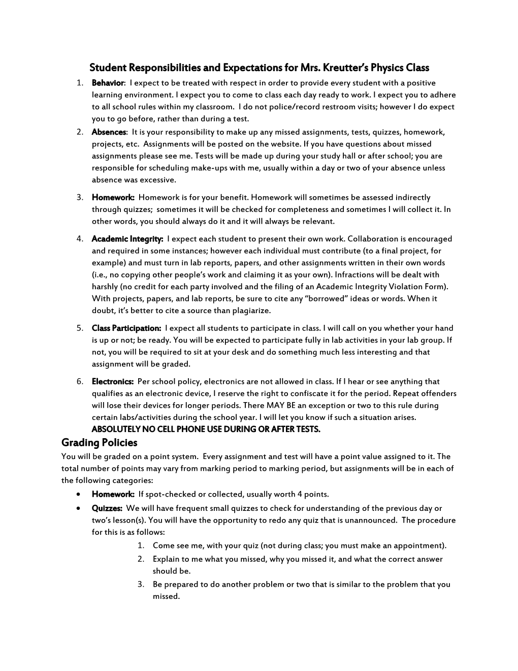 Student Responsibilities and Expectations for Mrs. Kreutter S Physics Class