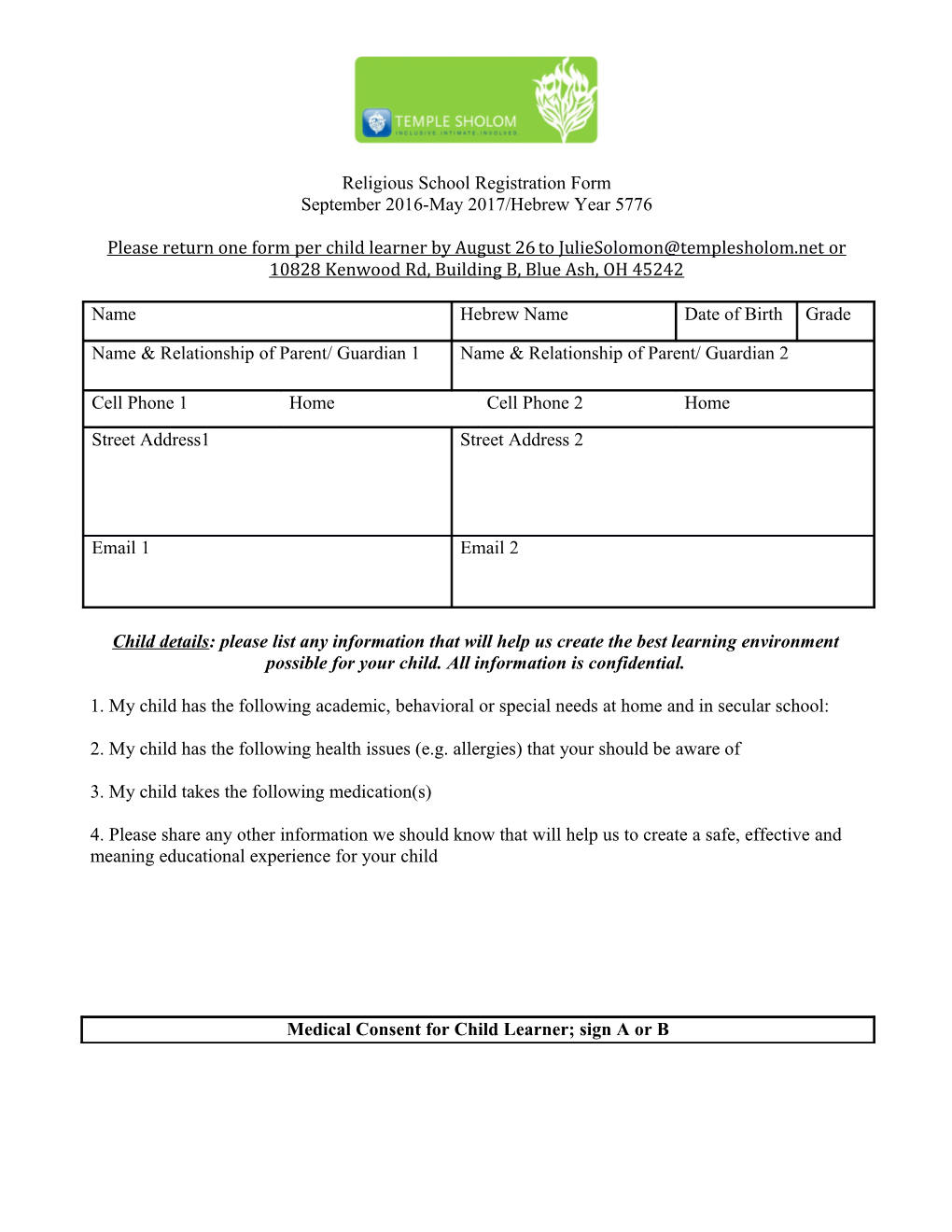 Religious School Registration Form