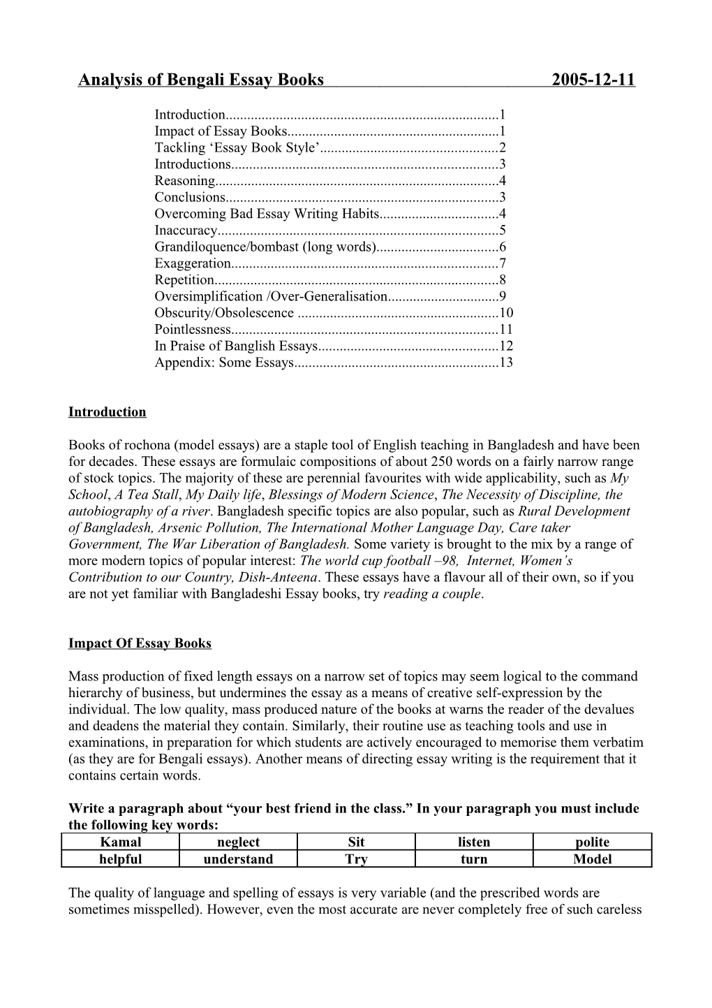 Analysis of Bengali Essay Books