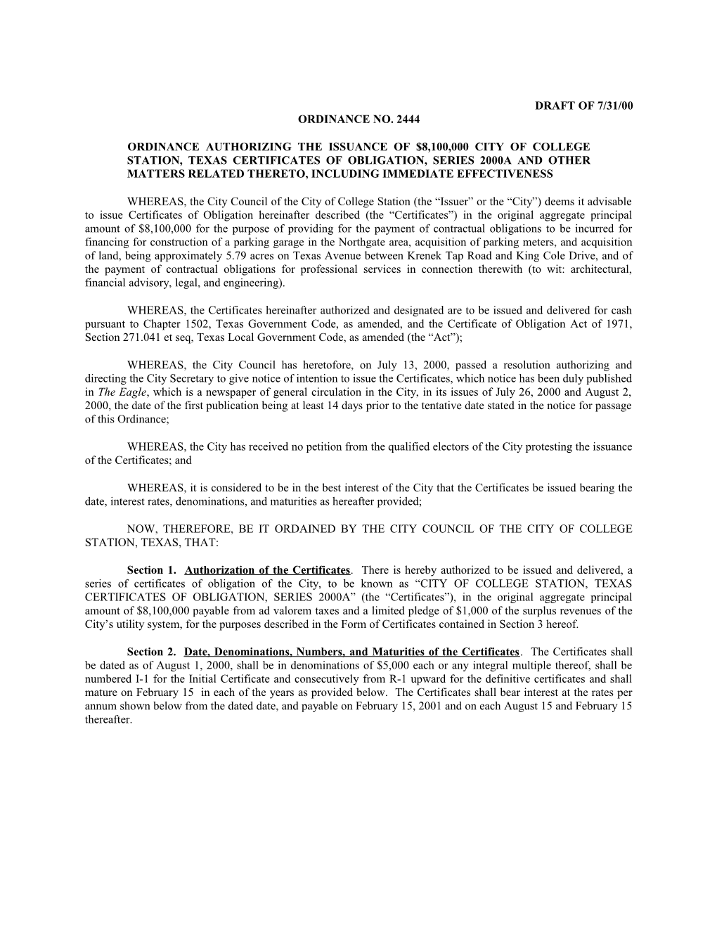 Ordinance Authorizing the Issuance of $8,100,000 City of College Station, Texas Certificates