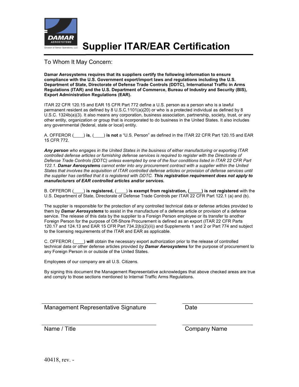 Damar Aerosystems Requires That Its Suppliers Certify the Following Information to Ensure