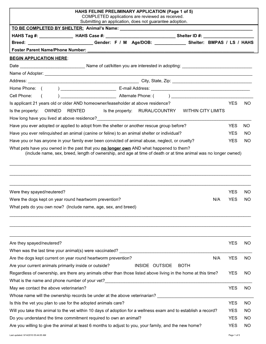 HAHS FELINE PRELIMINARY APPLICATION (Page 1 of 4)