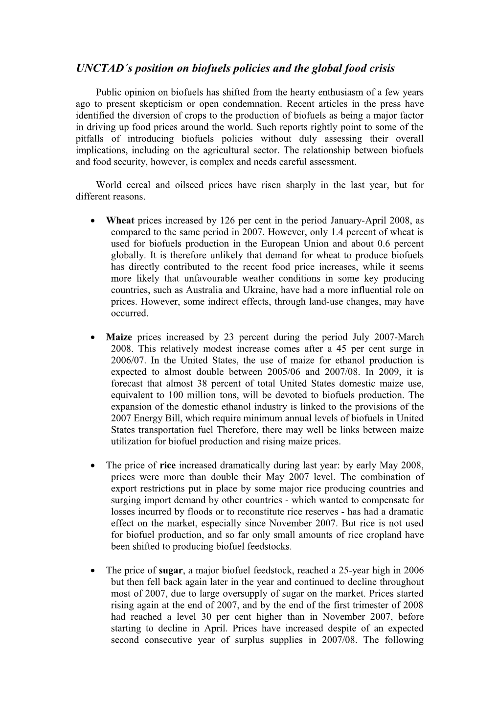 UNCTAD S Position on Biofuels Policies and the Global Food Crisis