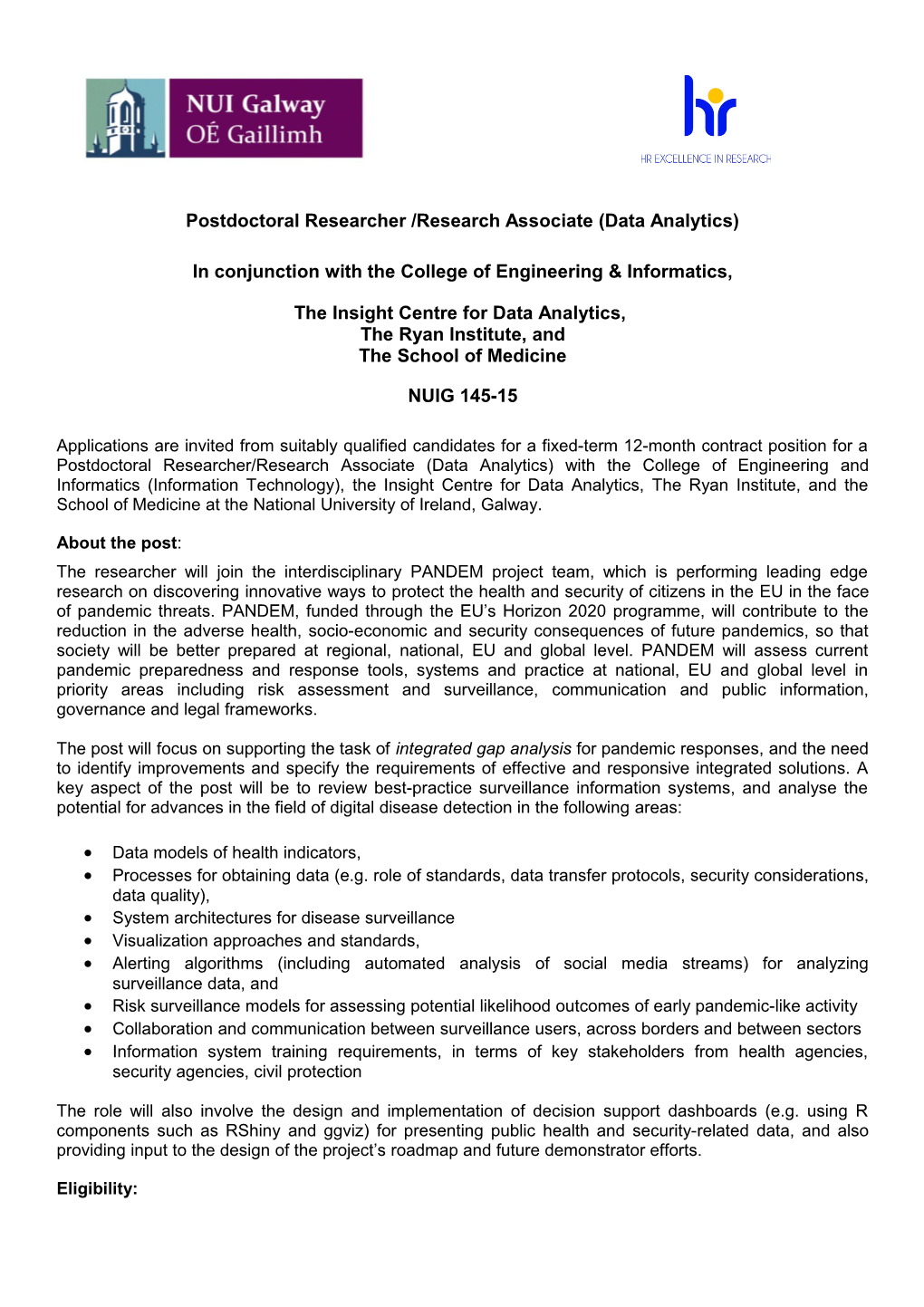 Postdoctoral Researcher/Research Associate (Data Analytics)
