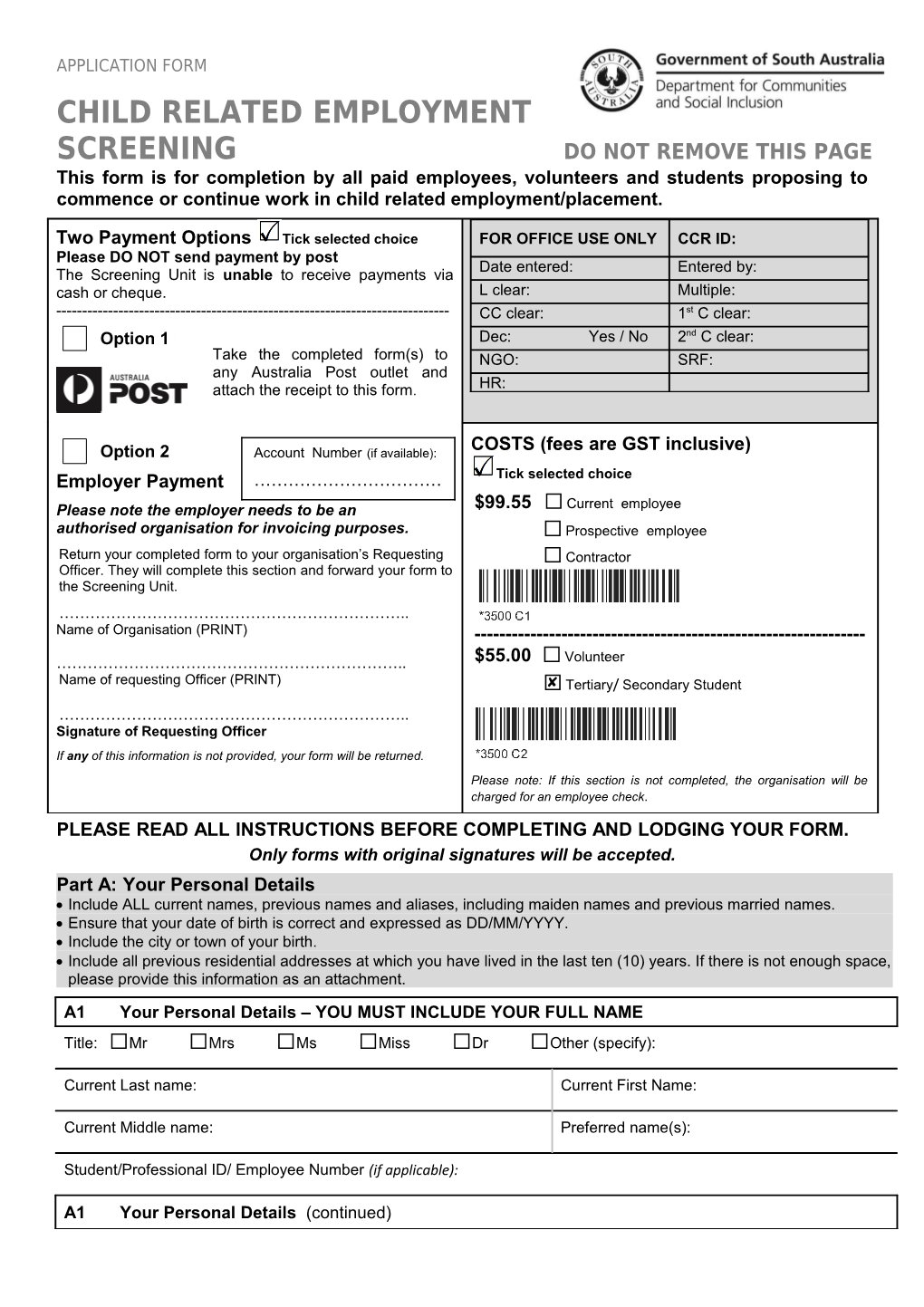 Child Related Employment Screeningapplication Form