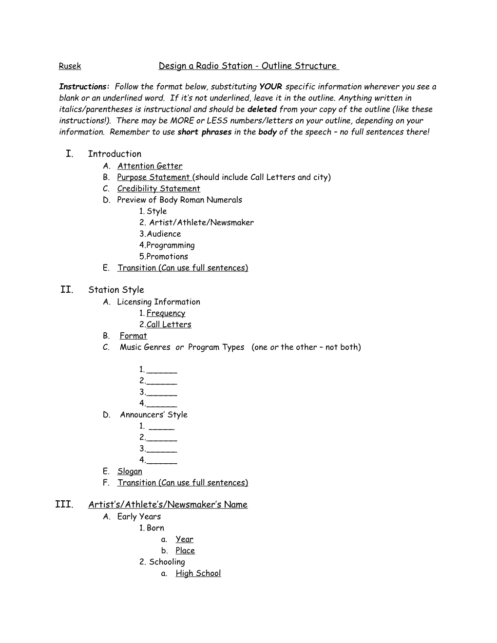 Rusek Design a Radio Station - Outline Structure