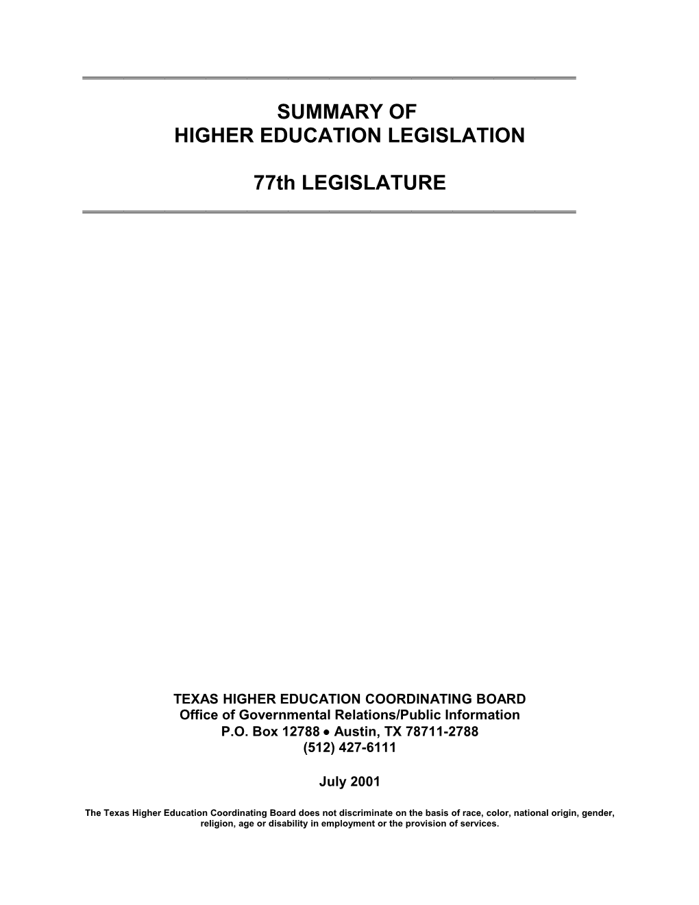 Summary of Higher Education Legislation - 77Th Legislature