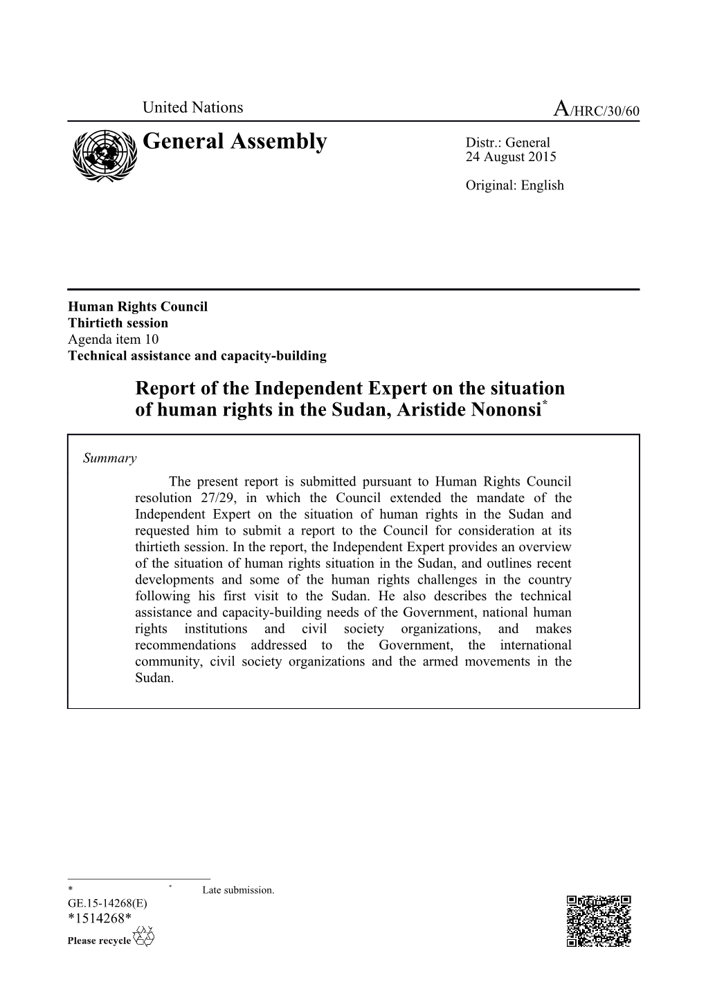 Report of the Independent Expert on the Situation of Human Rights in the Sudan, Aristide