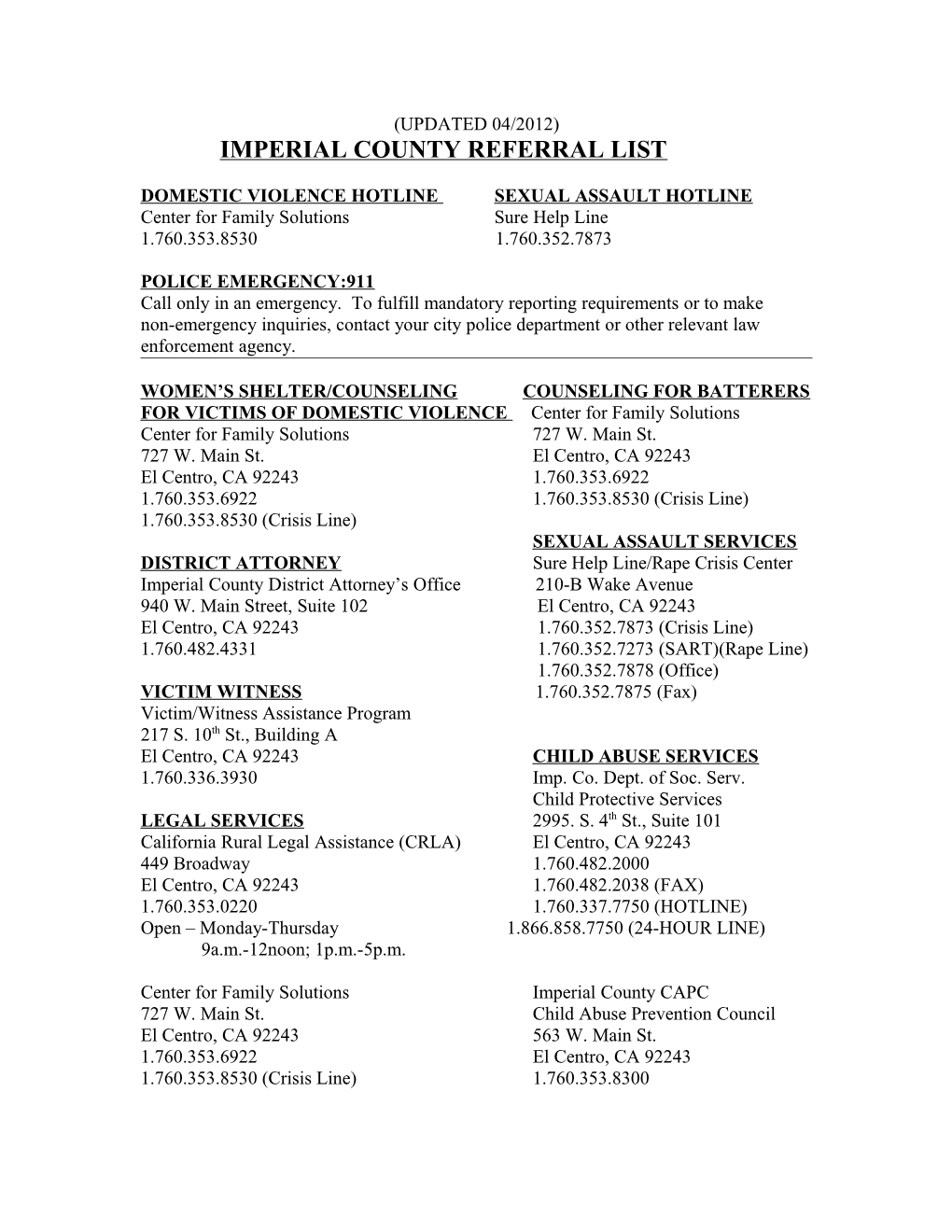 Imperial County Referral List