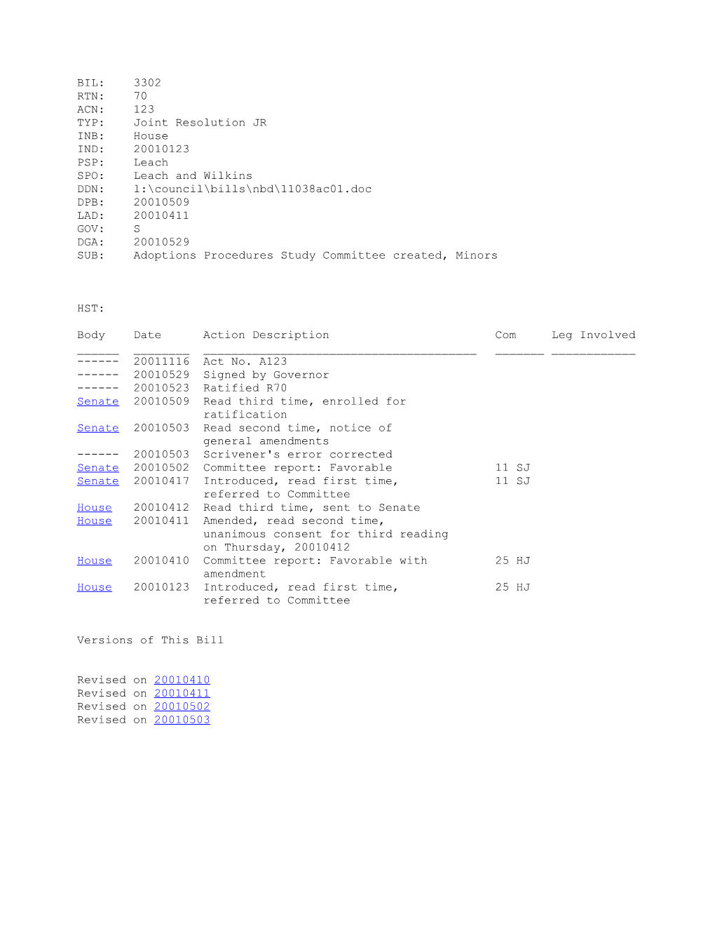 2001-2002 Bill 3302: Adoptions Procedures Study Committee Created, Minors - South Carolina